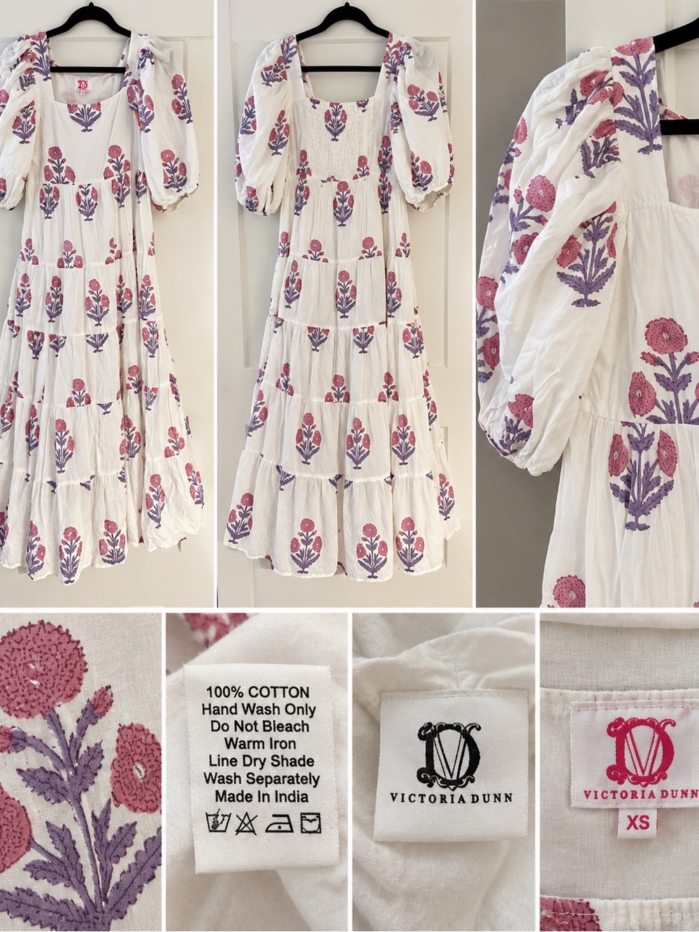 Victoria Dunn White Cotton Midi Dress with Pink & Purple Floral Motif